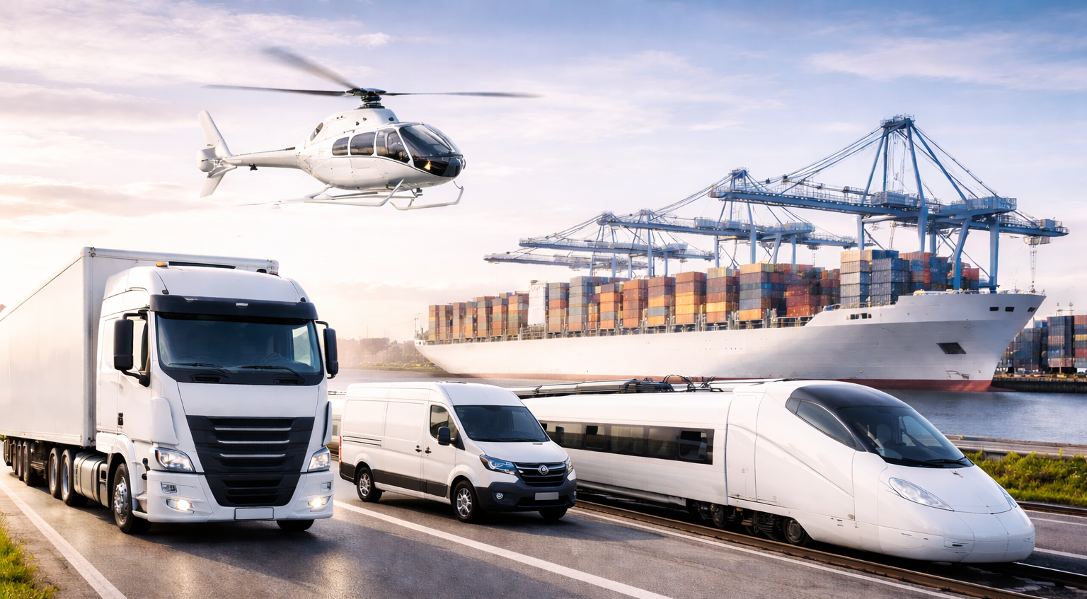 Multimodale Logistik mit Lkw, Zug, Schiff und Hubschrauber